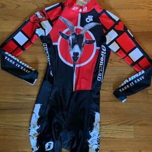 Branded Cycling Skinsuit with Goat Motif - Red, Black & White.